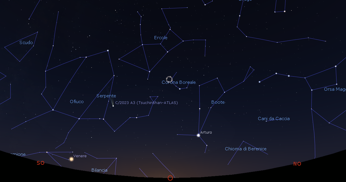 Carta stellare che mostra la posizione di T CrB nel cielo autunnale visibile a Ovest